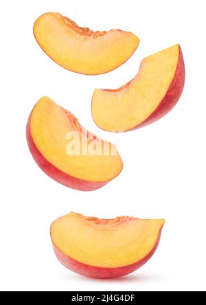 Isolated peach slices. Four wedges of pink peach fruit isolated on white background Stock Photo