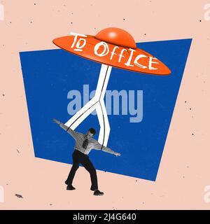 Contemporary art collage. Businessman flying to work on UFO. Hurrying up Stock Photo