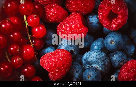 Colourful photo of various berries. Fresh fruits as natural source of vitamins. Full frame background. Stock Photo