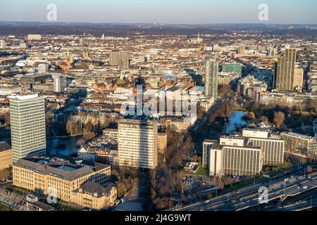 View over the city centre of Düsseldorf, districts Carlstadt and Friedrichstadt, Schwanenspiegel Teich, NRW, Germany, Stock Photo