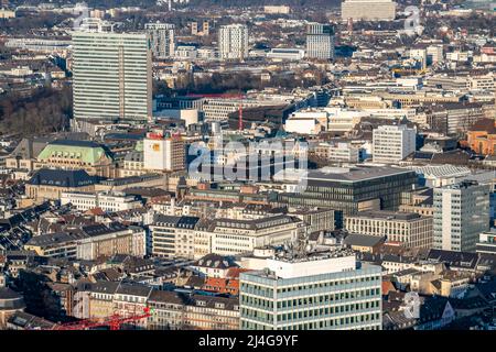 View over the city centre of Düsseldorf, city centre with Dreischeibenhaus, NRW, Germany, Stock Photo