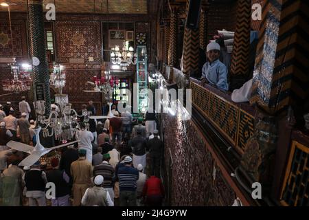 Srinagar, Kashmir, India. 15th Apr, 2022. Muslims seen praying at the shrine of Khanqah-e-Moula, also known as Shah-e-Hamadan R.A Mosque and Khanqah, during the holy month of Ramadhan in Srinagar, Indian-administered Kashmir. (Credit Image: © Adil Abbas/ZUMA Press Wire) Stock Photo