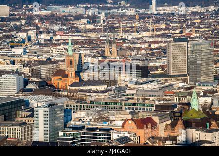 View over the city centre of Düsseldorf, Friedrichstadt, Carlstadt, Johanneskirche on the left, NRW, Germany, Stock Photo