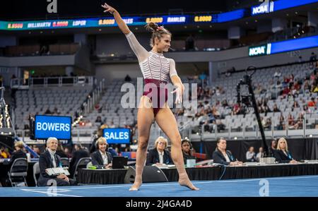 Salt Lake City, USA. 14th Apr, 2022. The University of Florida's Jordan Bowers ties for second on floor exercise at the NCAA Women's Gymnastics Championships in Dickie's Arena, Fort Worth, Texas, on April 14, 2022 (photo by Jeff Wong/Sipa USA). Credit: Sipa USA/Alamy Live News Stock Photo
