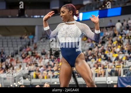 Salt Lake City, USA. 14th Apr, 2022. The University of Auburn's Derrian Gobourne tied for second in floor exercise at the NCAA Women's Gymnastics Championships in Dickie's Arena, Fort Worth, Texas, on April 14, 2022 (photo by Jeff Wong/Sipa USA). Credit: Sipa USA/Alamy Live News Stock Photo