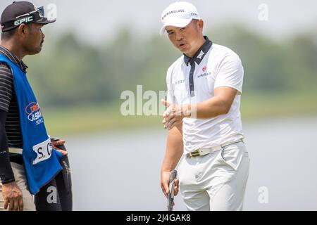 PATTAYA THAILAND - APRIL 14: Chan Shih-chang of Chinese Taipei on the green of the 8th hole during the second round of the Trust Golf Asian Mixed Stableford Challenge at Siam Country Club Waterside Course on April 14, 2022 in Pattaya, Thailand. (Photo by Orange Pictures) Stock Photo