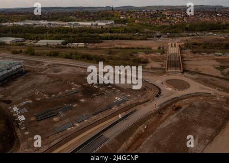 Etruria valley link road Aerial Drone A500 Wolstanton, Moorecroft Pottery Stoke On Trent Staffordshire Stock Photo