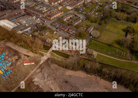 Etruria valley link road Aerial Drone A500 Wolstanton, Moorecroft Pottery Stoke On Trent Staffordshire Stock Photo