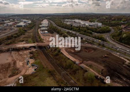 Etruria valley link road Aerial Drone A500 Wolstanton, Moorecroft Pottery Stoke On Trent Staffordshire Stock Photo