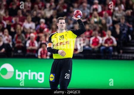 Copenhagen, Denmark. 14th Apr, 2022. Kevin Moller (20) of Denmark seen during the handball match between Denmark and Poland at Royal Arena in Copenhagen. (Photo Credit: Gonzales Photo/Alamy Live News Stock Photo