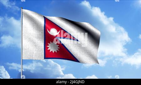 Nepal national flag waving on flagpole on blue sky background, seamless loop. Motion. Colorful flag and fluffy clouds. Stock Photo