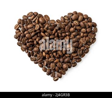 Organic coffee beans in a heart shape isolated on white background. Heart made of whole roasted coffee beans cutout. I love coffee concept. Stock Photo