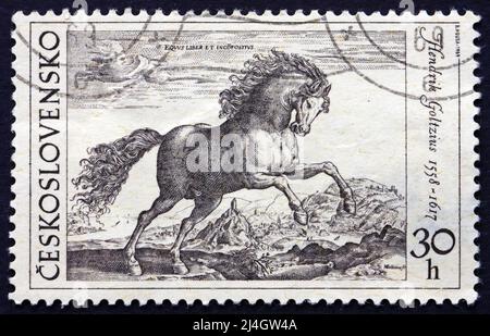 CZECHOSLOVAKIA - CIRCA 1969: a stamp printed in the Czechoslovakia shows Prancing Stallion, Engraving by Hendrik Goltzius, circa 1969 Stock Photo