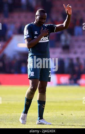 London, UK. 15th Apr, 2022. EFL Skybet Championship match, AFC Bournemouth v Middlesbrough at the Vitality Stadium in Bournemouth, Dorset on Good Friday 15th April 2022. this image may only be used for Editorial purposes. Editorial use only, license required for commercial use. No use in betting, games or a single club/league/player publications. pic by Steffan Bowen/Andrew Orchard sports photography/Alamy Live news Credit: Andrew Orchard sports photography/Alamy Live News Stock Photo