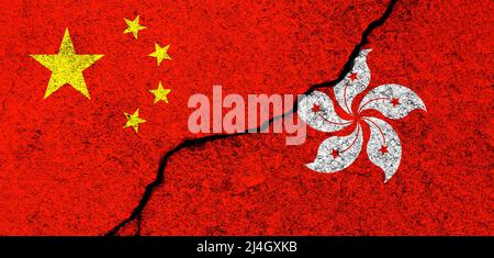 China and Hong Kong. Flags background. Concept of politics, economy, culture and conflicts, war. Friendships and cooperation. Painted on concrete wall Stock Photo