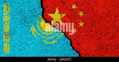 China and Kazakhstan. Flags background. Concept of politics, economy, culture and conflicts, war. Friendships and cooperation. Painted on concrete wal Stock Photo