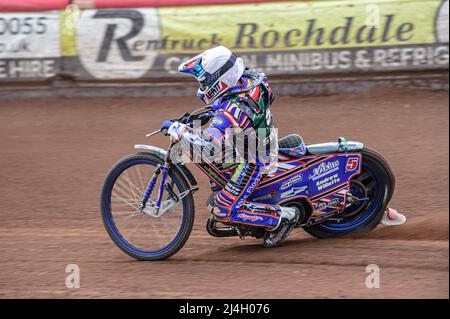 MANCHESTER, UK. APR 15TH Henry Atkins of Plymouth SWTR Centurions in action during the National Development League match between Belle Vue Colts and Plymouth Centurions at the National Speedway Stadium, Manchester on Friday 15th April 2022. (Credit: Ian Charles | MI News) Credit: MI News & Sport /Alamy Live News Stock Photo