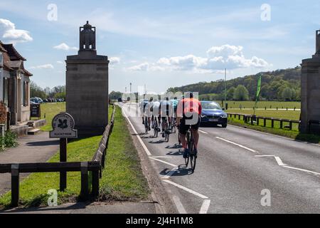 Runnymede, Surrey, UK. 15th April, 2022. Cyclists were out in force today enjoying the warm weather at Runnymede in Surrey. Credit: Maureen McLean/Alamy Live News Stock Photo