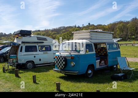 Runnymede, Surrey, UK. 15th April, 2022. Camper vans were out in force today at Runnymede as people were throughly enjoying the warm Good Friday sunshine. Credit: Maureen McLean/Alamy Live News Stock Photo