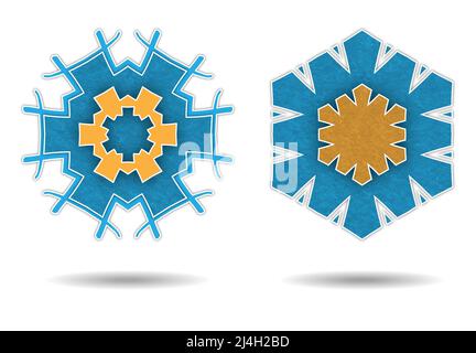 abstract background blue and orange hexagonal snowflakes Stock Photo