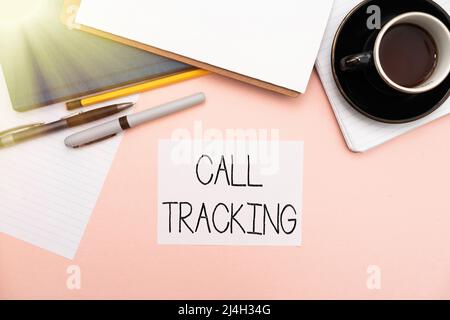 Sign displaying Call Tracking. Word Written on Organic search engine Digital advertising Conversion indicator Office Supplies Over Desk With Keyboard Stock Photo
