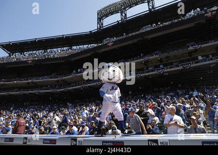 New York, United States. 15th Apr, 2022. New York Mets mascot 'Mr Met' dances on the dugout before the New York Mets game against the Arizona Diamondbacks on opening day at Citi Field on Friday, April 15th, 2022 in New York City. Photo by Peter Foley/UPI Credit: UPI/Alamy Live News Stock Photo