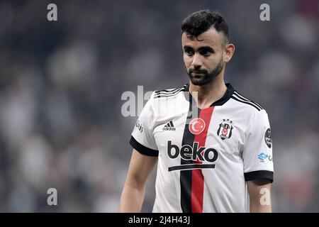 Istanbul, Turkey. 14th Jan, 2022. ISTANBUL, TURKEY - JANUARY 14: Furkan  Soyalp of Gaziantep FK challenges Rachid Ghezzal of Besiktas JK during the  Turkish Super Lig match between Besiktas and Gaziantep FK