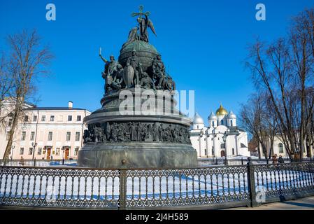 VELIKY NOVGOROD, RUSSIA - MARCH 09, 2022: Monument 'Millennium of Russia' (1862) in the Kremlin of Veliky Novgorod on a sunny March day Stock Photo