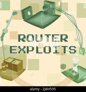 Sign displaying Router Exploits. Word for takes advantage of a security flaw in an application Joined Booths Providing Necessary Workplace Resources. Stock Photo