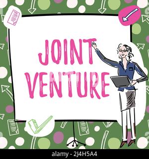 Text sign showing Joint Venture. Business idea Collaboration Arrangement Parties Partnership Team Businesswoman Casual Standing Presenting Charts And Stock Photo