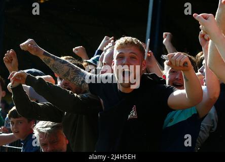 Southend, UK. 15th Apr, 2022. SOUTHEND, ENGLAND - APRIL 15: fan celbrates Stephen Browne of Wealdstone goal during National League between Southend United and Wealdstone at Roots Hall Stadium, Southend on Seas, UK on 15th April, 2022 Credit: Action Foto Sport/Alamy Live News
