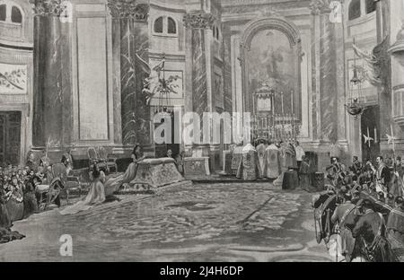 Madrid, Spain. Solemn Te Deum held on 24 January 1898 in the chapel of the Royal Palace, thanksgiving for the pacification of the Philippines (Spanish colonial territory). Illustration by Comba. Photoengraving by Laporta. La Ilustración Española y Americana, 1898. Stock Photo