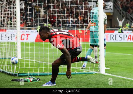 Milan, Italy. 15th Apr, 2022. Rafael Leao scores during the Serie A match between Milan and Genoa at Meazza Stadium on April 15, 2022 in Milan, Italy. Credit: Independent Photo Agency/Alamy Live News Stock Photo