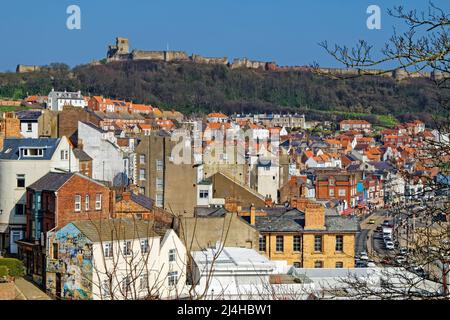 UK, North Yorkshire, View of Old Town and Scarborough Castle from St Nicholas Gardens. Stock Photo