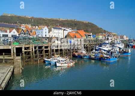 UK, North Yorkshire, Scarborough Harbour and Old Town with Castle in the Distance Stock Photo