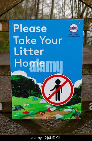 litter sign Lake District National Park Stock Photo