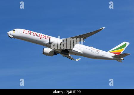 An Airbus A350 operated by Ethiopian Airlines departs from London Heathrow Airport