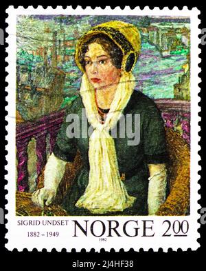 MOSCOW, RUSSIA - MARCH 27, 2022: Postage stamp printed in Norway shows 'Sigrid Undset', A.C. Svarstad (1911), Writers Birth Anniversaries serie, circa Stock Photo