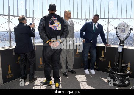 April 15, 22, 2022. Joe Torre CC Sabathia, Butch Huskey.Meta Robinson, Ken  Griffey Jr, Willie Randolph, April Brown attend the Empire State lighting  Celebration of Jackie Robinson Day and the 75th anniversary