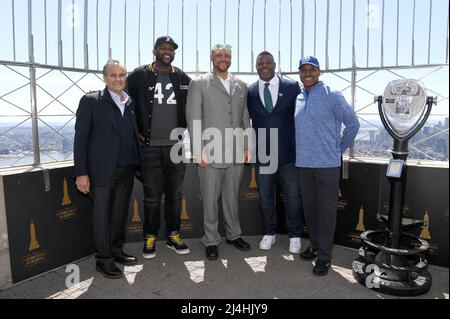 April 15, 22, 2022. CC Sabathia, Willie Randolph, Joe Torre, Butch Huskey,  Ken Griffey Jr.Meta Robinson attend the Empire State lighting Celebration  of Jackie Robinson Day and the 75th anniversary of Robinson's