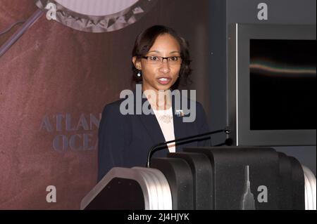 April Brown, Vice President Social Responsibility at Major League Baseball,  visits the Empire State Building in honor of Jackie Robinson Day, New York,  NY, April 15, 2022. (Photo by Anthony Behar/Sipa USA