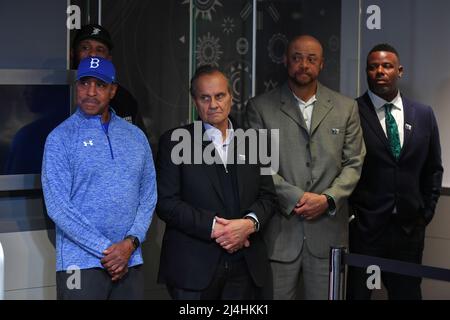 April 15, 22, 2022. Joe Torre CC Sabathia, Butch Huskey.Meta Robinson, Ken  Griffey Jr, Willie Randolph, April Brown attend the Empire State lighting  Celebration of Jackie Robinson Day and the 75th anniversary