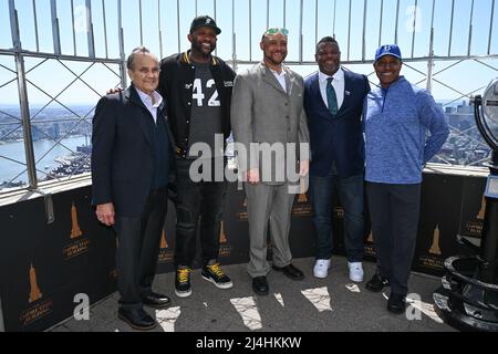 April 15, 22, 2022. Joe Torre CC Sabathia, Butch Huskey.Meta Robinson, Ken  Griffey Jr, Willie Randolph, April Brown attend the Empire State lighting  Celebration of Jackie Robinson Day and the 75th anniversary