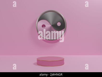 Light, pastel, lavender pink 3D rendering product display background simple, minimal with metallic Yin and yang symbol podium or stand with golden lin Stock Photo