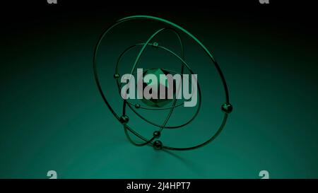 Abstract visualization of an atom model. Design. Motion graphics of electrons in an abstract malachite color glossy model of the atom on gradient dark Stock Photo