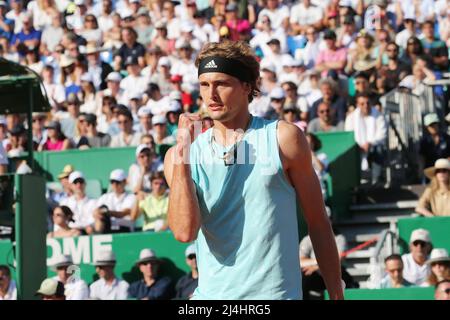 Roquebrune Cap Martin, France. 15th Apr, 2022. Germany's Alexander Zverev celebrates during the singles quarter-final match against Italy's Jannik Sinner at the Monte-Carlo Masters tennis tournament in Roquebrune Cap Martin, France, April 15, 2022. Credit: Serge Haouzi/Xinhua/Alamy Live News Stock Photo
