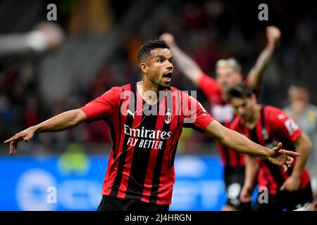 Milan, Italy. 15th Apr, 2022. AC Milan's Junior Messias celebrates his goal during a Serie A football match between AC Milan and Genoa in Milan, Italy, on April 15, 2022. Credit: Daniele Mascolo/Xinhua/Alamy Live News Stock Photo