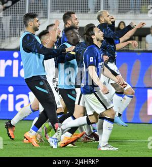 La Spezia, Italy. 15th Apr, 2022. Inter Milan's players celebrate after a Serie A football match between Inter Milan and Spezia in La Spezia, Italy, on April 15, 2022. Credit: Str/Xinhua/Alamy Live News Stock Photo