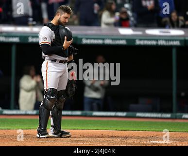 Cleveland, United States. 15th Apr, 2022. San Francisco Giants catcher Joey  Bart (R) walks with closing pitcher Camilo Doval after defeating the  Cleveland Guardians at Progressive Field in Cleveland, Ohio on Friday