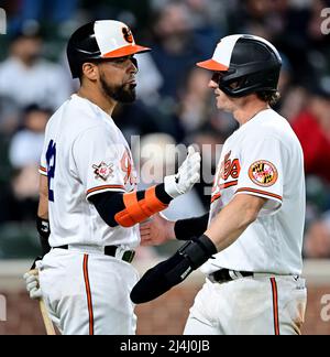 Baltimore, United States. 16th Apr, 2022. Baltimore Orioles shortstop Ramon  Urias (R) is called out on a strike as New York Yankees catcher Kyle  Higashioka (L) gestures during the seventh inning of